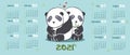 Calendar 2021. Two panda lovers on a blue background, cartoon animal.